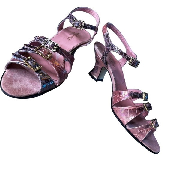 Lauretta Reiss Metallic Pink Croc Print Leather Kitten Heel Sandal - Picture 5 of 7